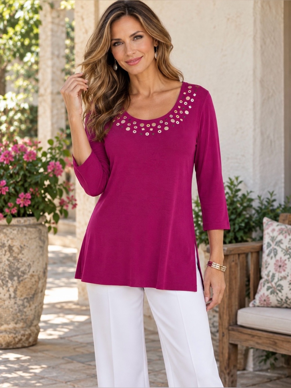SLINKY brand fuchsia color embellished tunic top